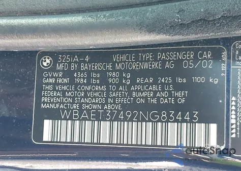 2002 BMW 325I z USA, uszkodzony, nr VIN WBAET37492NG83443